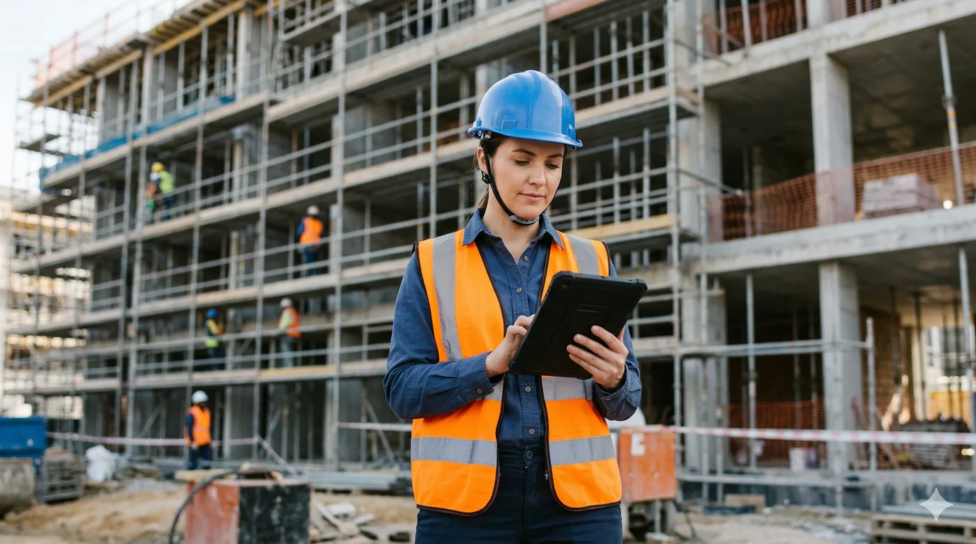 Coordinatore sicurezza con laptop in cantiere professionale