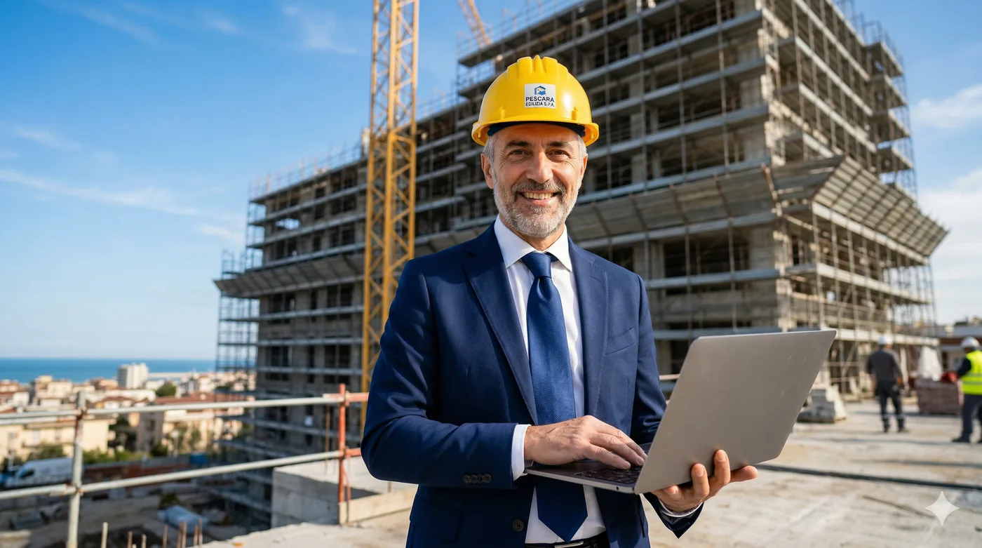 Coordinatore sicurezza CSE con laptop in cantiere edile